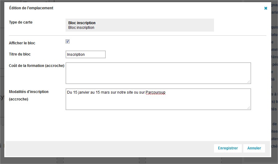 Onglet Affichage de la fiche formation - Bloc Inscription