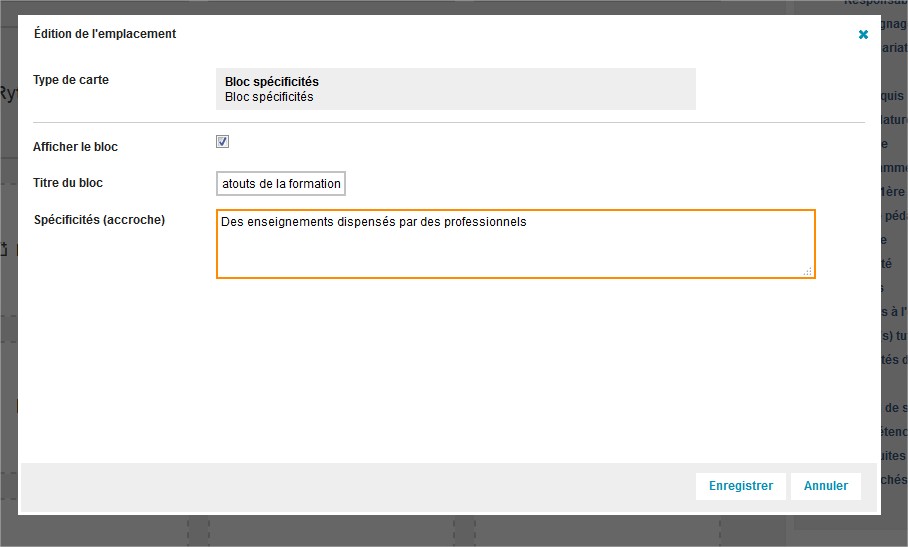 Onglet Affichage de la fiche formation - Bloc Spécificités