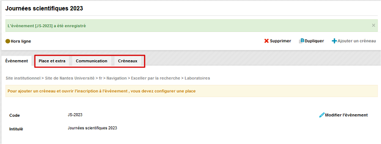 Création d'un évènement - nouveaux onglets après enregistrement
