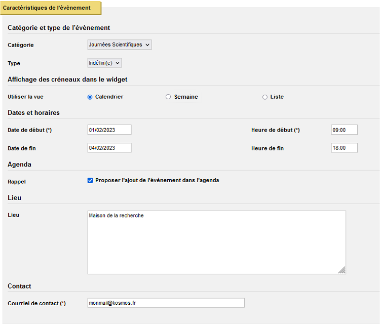 Création évènement - Caractéristiques