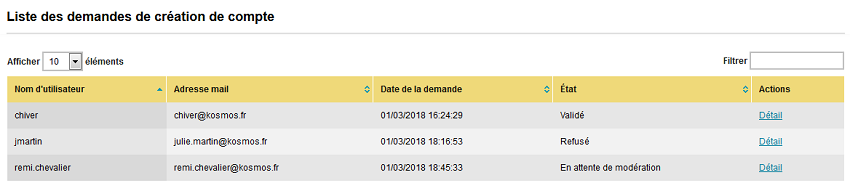 Liste des demandes de création de compte
