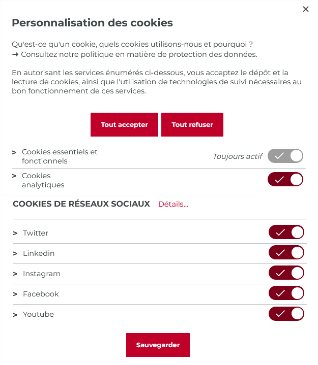 E-Privacy - Bandeau utilisateur avec options de personnalisation des cookies par service