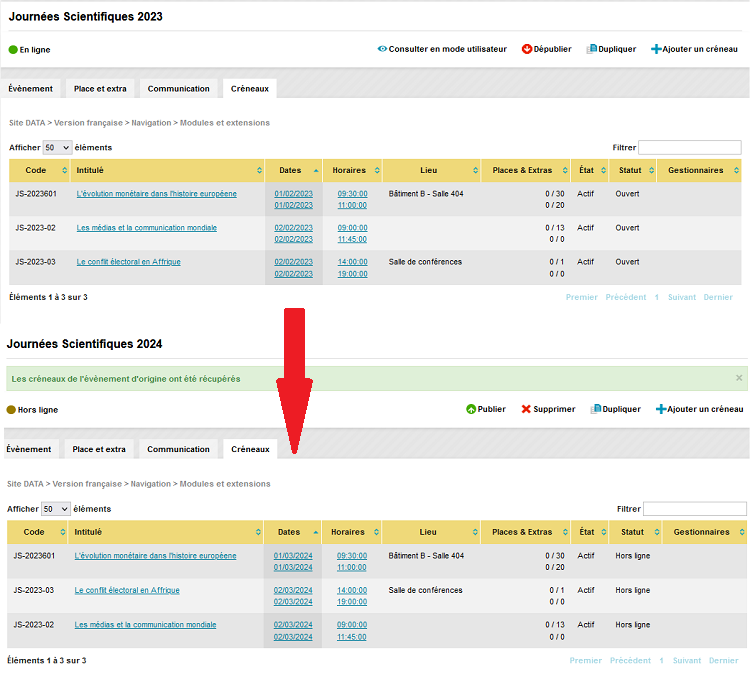 Evènement - Duplication - Creneaux initiaux vs récupérés