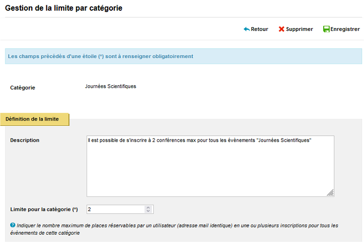 Evènement - Gestion de la limite par catégorie