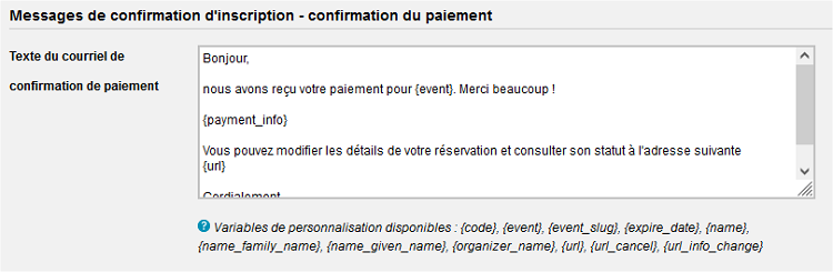 Evènement - Onglet communication - courriel confirmation du paiement