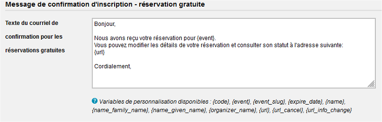 Evènement - Onglet communication - courriel confirmation réservation gratuite