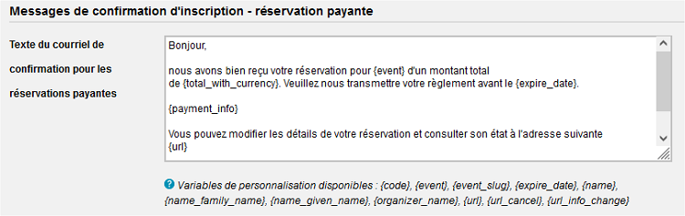 Evènement - Onglet communication - courriel confirmation réservation payante