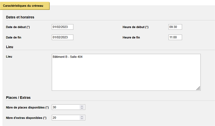 Evènement - Onglet creneaux - formulaire creneau - Section caractéristiques