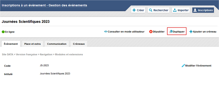 Evènement - Onglet évènement - Duplication - bouton dupliquer