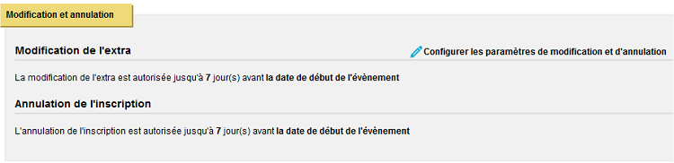 Evènement - onglet place et extra- configuration modification et annulation de réservation