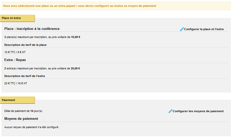 Evènement - onglet place et extra - configuration des moyens de paiement
