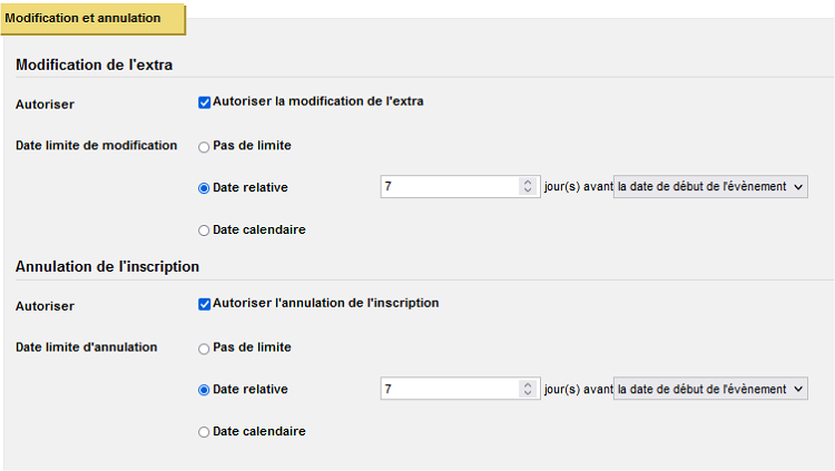 Evènement - Onglet place et extra - formulaire de configuration de modification et annulation de réservation