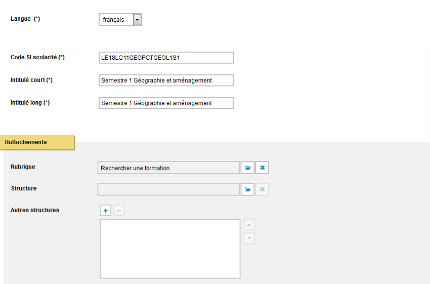 Fiche Parcours Onglet Caractéristiques - Rattachements