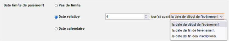 Evènement - onglet place et extra - Formulaire de config moyens de paiement - date relative