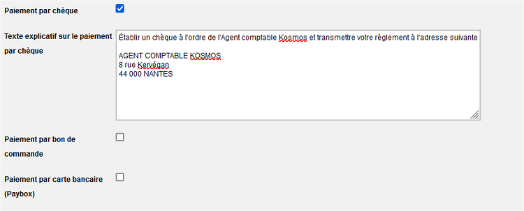 Evènement - onglet place et extra - Formulaire de config moyens de paiement - paiement par cheque