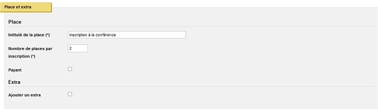 Evènement - onglet place et extra - formulaire de configuration de la place et de l'extra