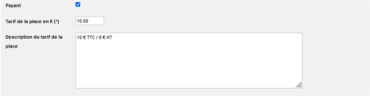 Evènement - onglet place et extra - formulaire de configuration de la place payante