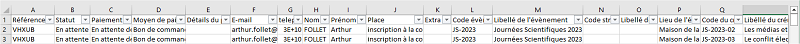 Gestion des inscriptions - exemple export csv dans un tableur