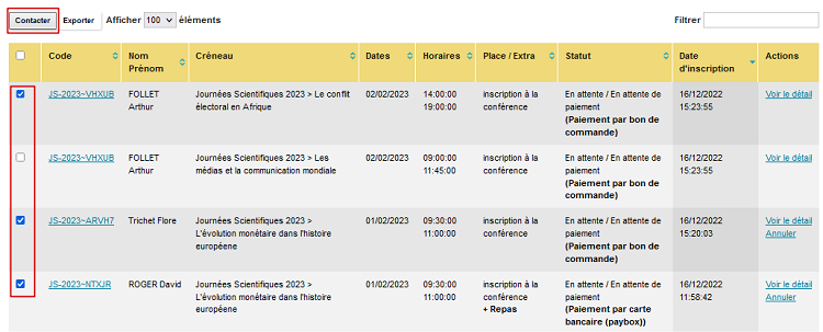 Gestion des inscriptions - liste des inscriptions - contacter les inscrits