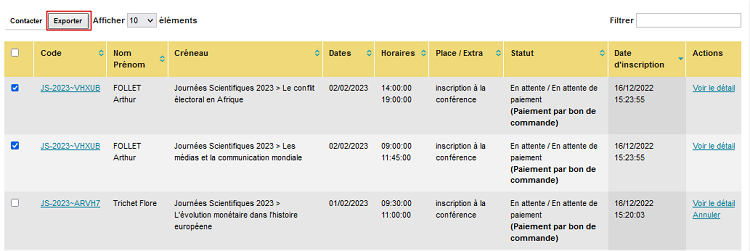 Gestion des inscriptions - liste des inscriptions - exporter une selection