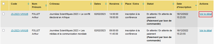 Gestion des inscriptions - liste des inscriptions - voir le détail