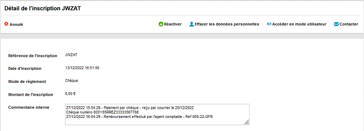 inscription - remboursement effectué