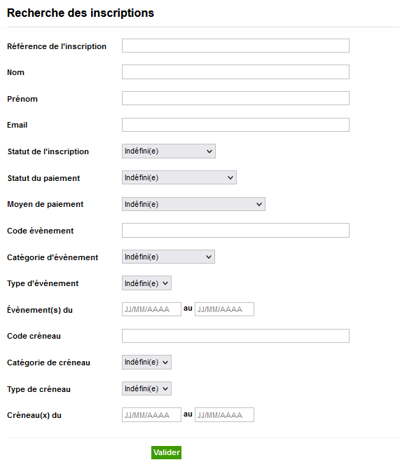 Inscriptions à un évènement - Formulaire de recherche avancée inscriptions