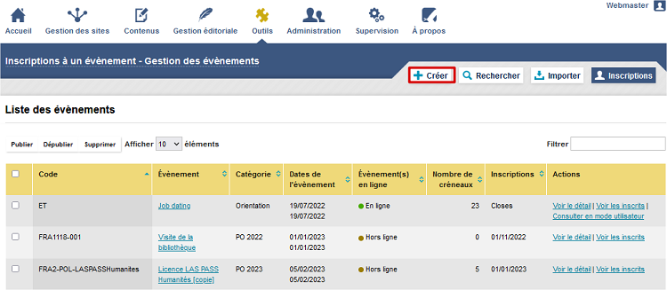 Inscriptions à un évènement - Bouton créer un évènement