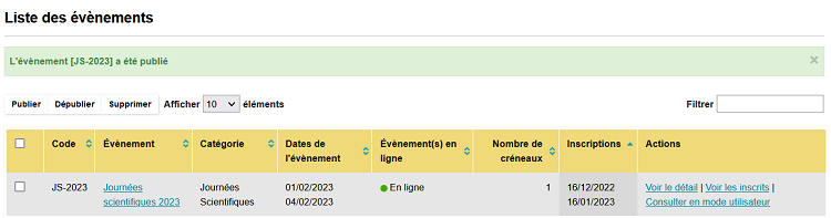 Inscriptions à un évènement - Liste des évènements