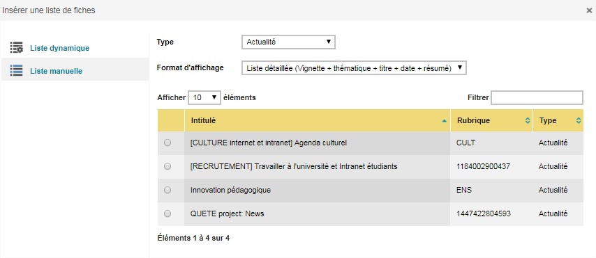 insertion liste de fiches manuelle