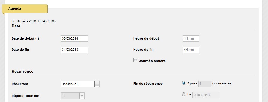 Paramétrer les occurrence et la récurrence d'une date