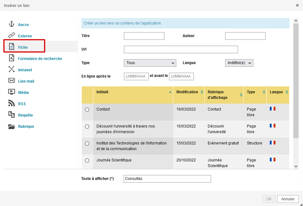 Recherche anonyme - lien interne vers une fiche