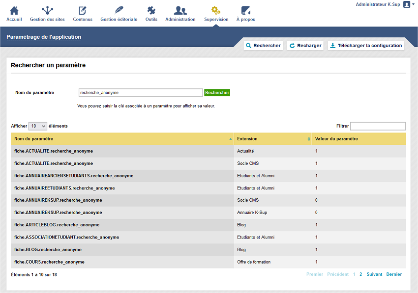 Recherche anonyme - Paramétrage de l'application visible dans Supervision