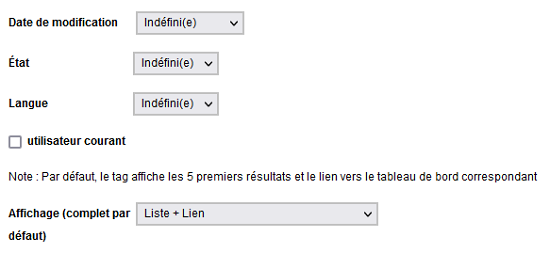 Tableau de bord - Critères de sélection