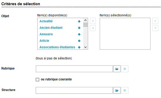 Tableau de bord - Critères de sélection