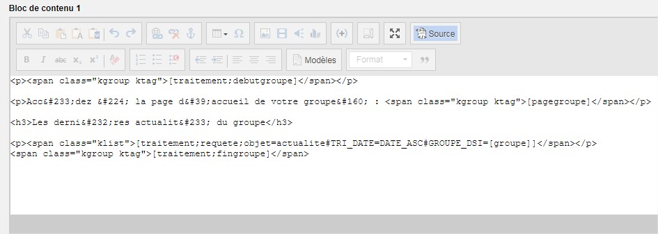 tags de groupe dans l'editeur en mode source