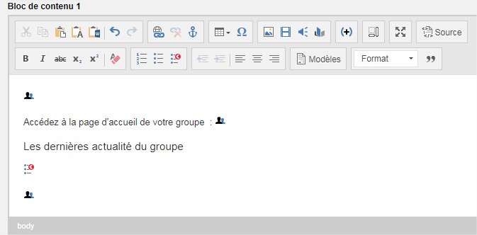 tags de groupe dans l'editeur de contenu